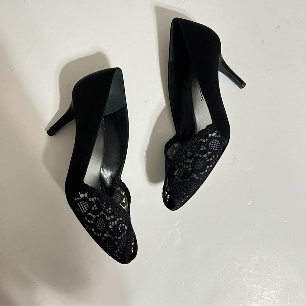 Stuart Weitzman Black Lace Peep Toe Heels - Picture 7 of 12